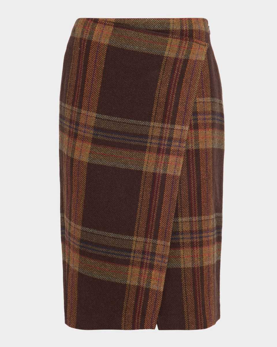 Plaid Tweed Faux Wrap Midi Skirt